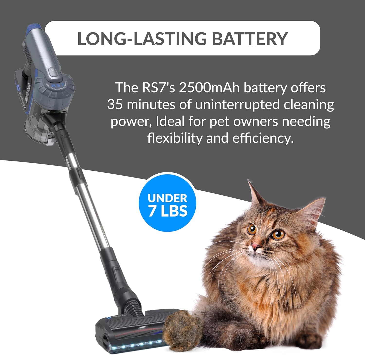 Prolux RS7 PET Cordless Handheld Stick Vacuum, Perfect for Pet Owners, Lightweight, with HEPA Filtration and Easy Clean Powerhead, Long Battery Life