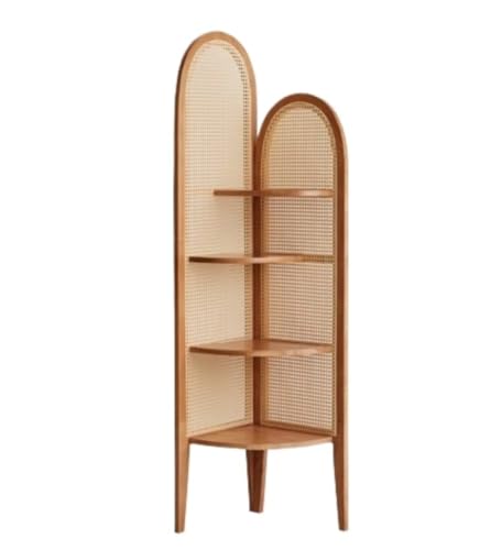 Corner Shelf Display Shelf 4 Tier Corner Shelf Wooden Corner Bookshelf Rattan Weaving Bookcase and Plant Stand for Living Room Bedroom Corner
