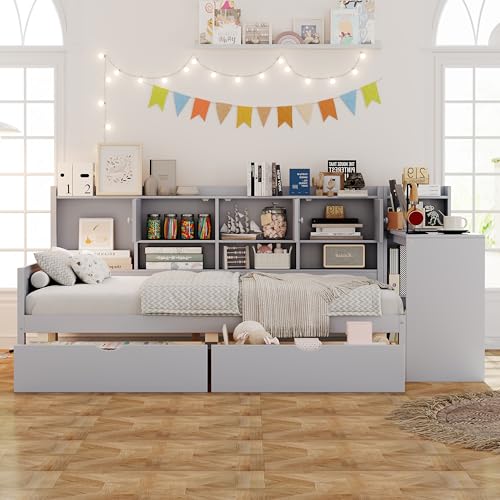 Corner Twin Bed Frame with Bookcase Storage and Desk, Wood Day Beds with 2 Drawers, Twin Size Daybed with Storage for Living Room