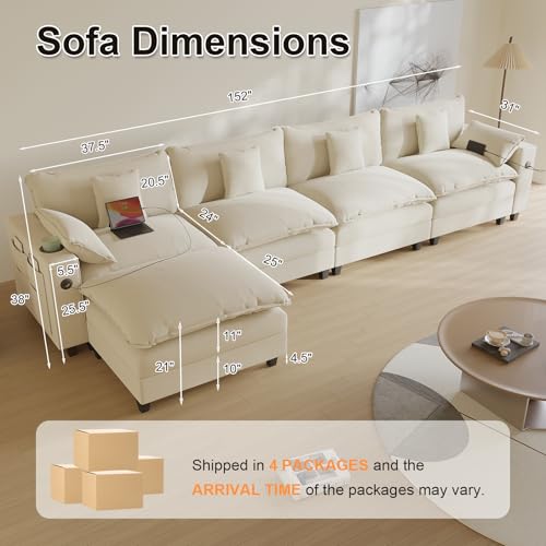 Modular Sectional Sofa, Cloud Couch with Ottoman, Charging Station, Throw Pillows, Cup Holders, Modern Convertible U Shaped Couches for Living Room