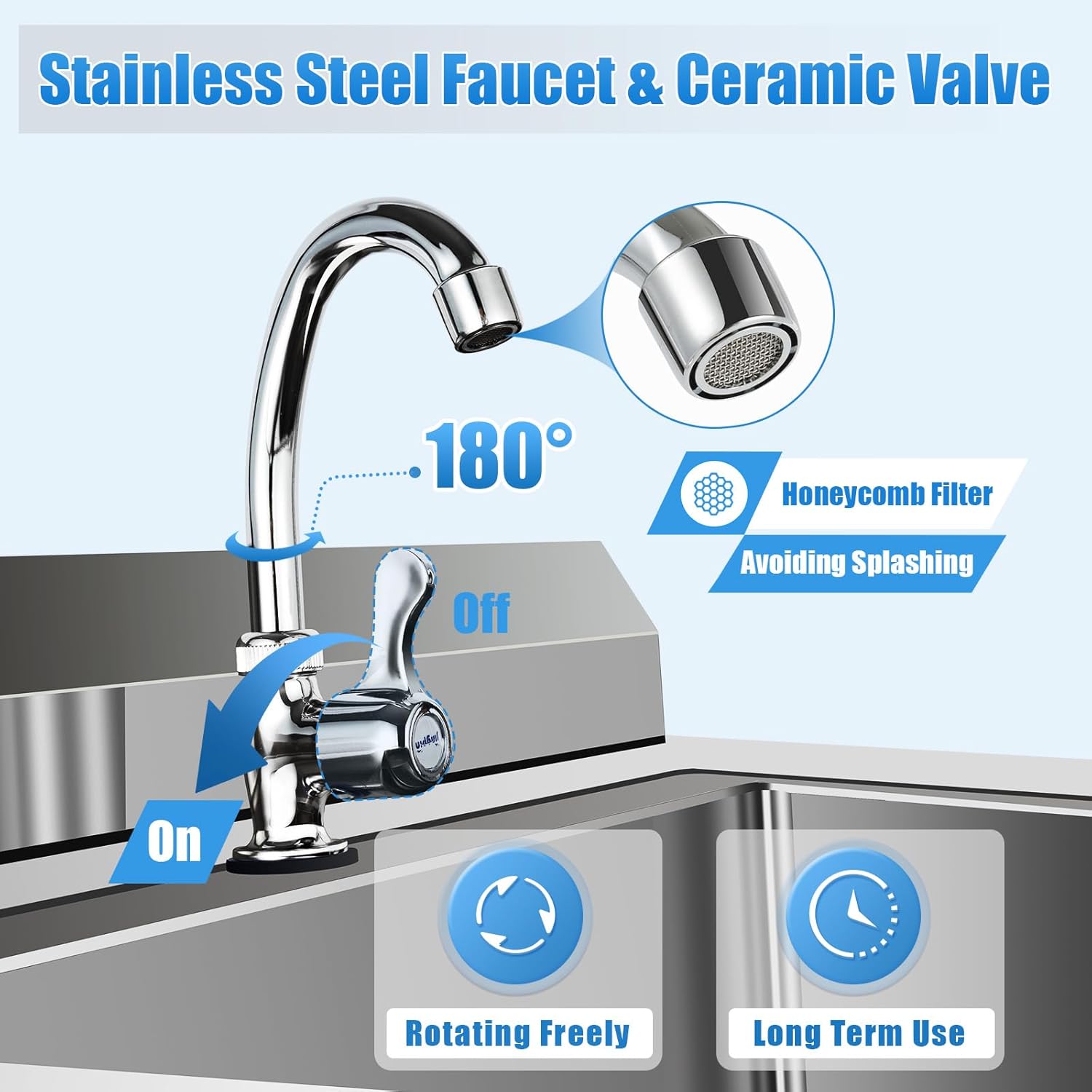 Stainless-Steel Commercial Restaurant Kitchen Sink Set with Faucet Single Bowl, Free Standing Basin w/Workbench & Storage Shelves for Kitchen
