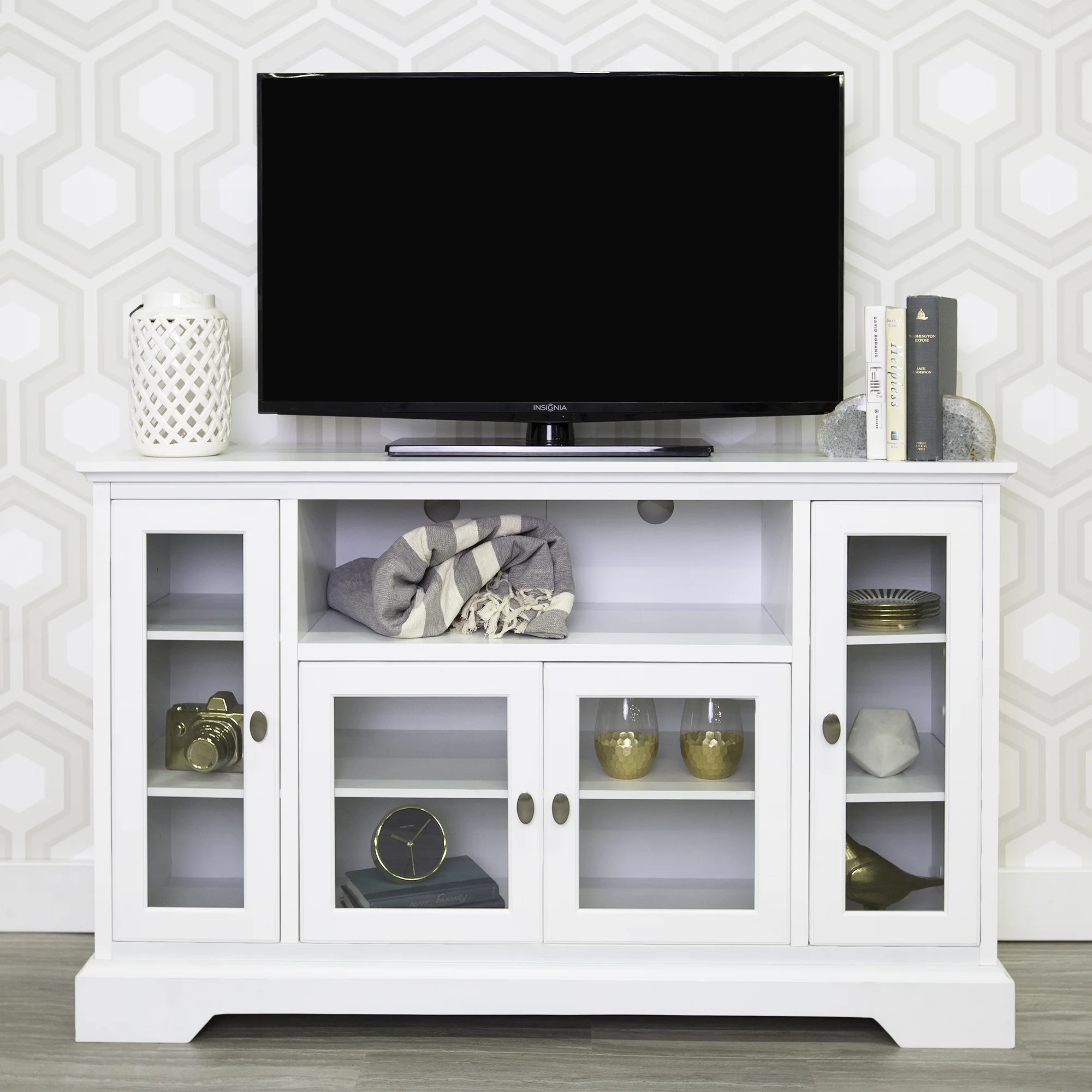 Walker Edison Highboy-Style Wood Media Storage TV Stand Console for TVs up to 55", White