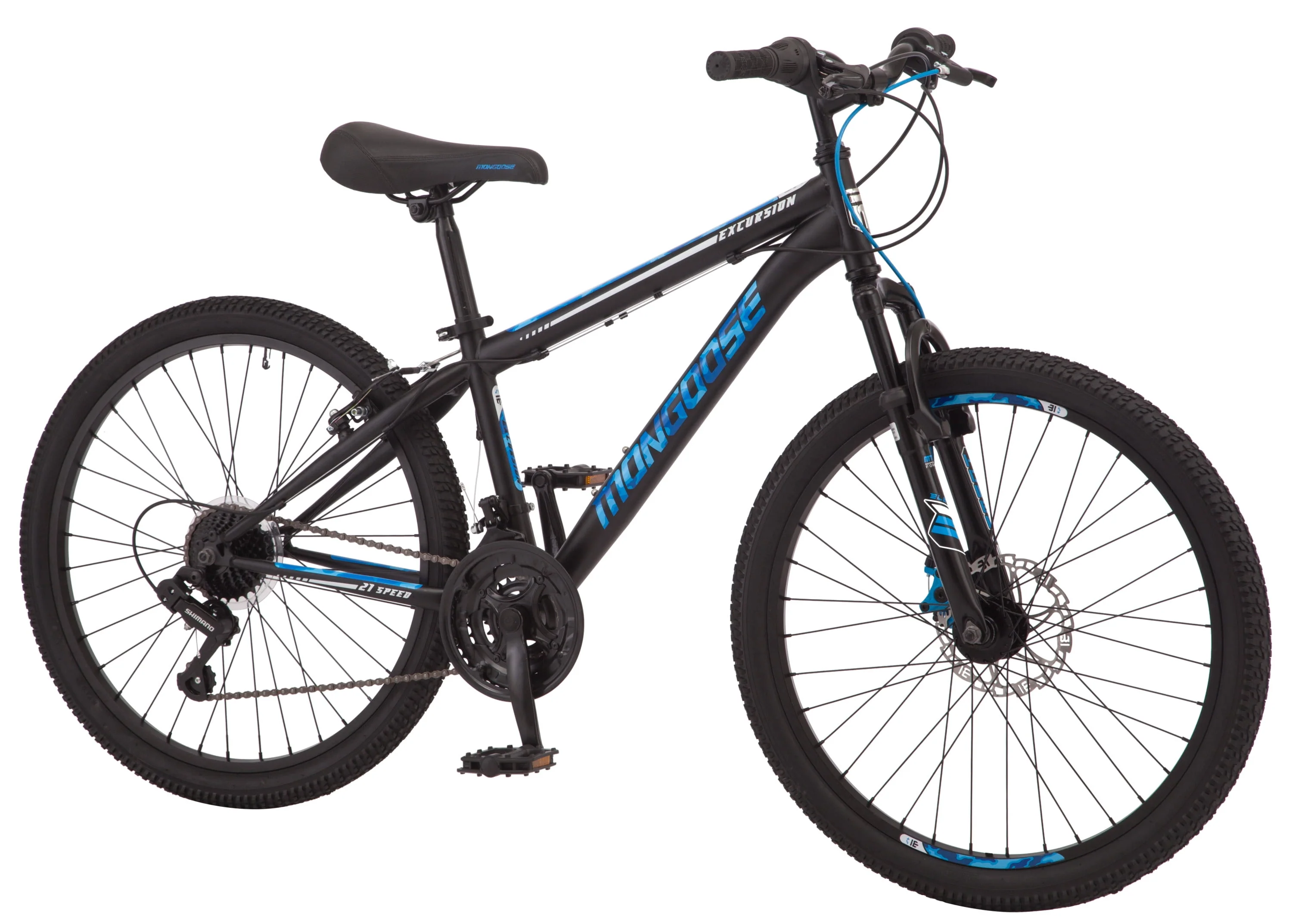 Mongoose Excursion mountain bike, 24-inch wheel, 21 speeds, boys, black