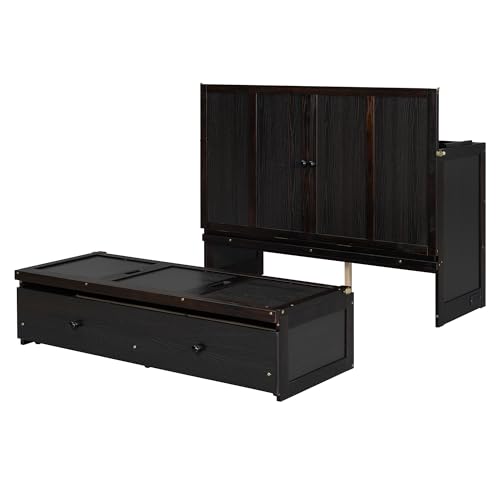 Queen Size Murphy Bed with Drawers and Charging Station Wood Murphy Wall Cabinet Bed with Storage for Saving Space, Espresso