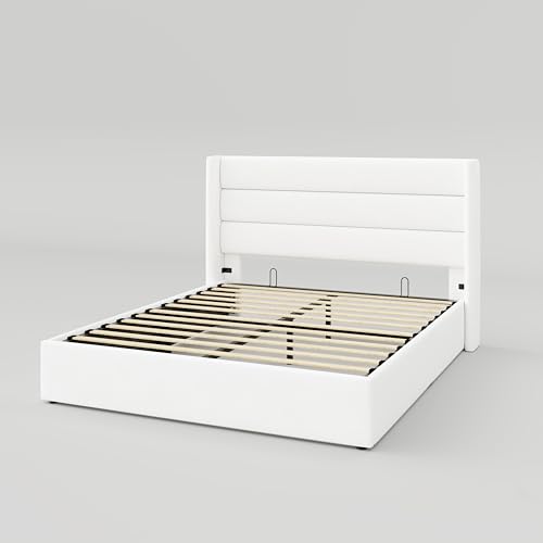 Allewie Full Size Lift Up Storage Bed, Modern Wingback Headboard, Hydraulic Support, No Box Spring Needed, Light Beige