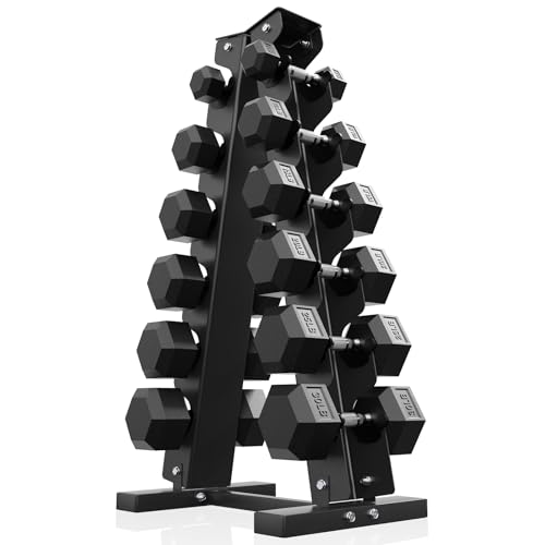 PAPABABE Hex Dumbbell Sets with Rack, 60-550lb Rubber Coated Dumbbell Weight Set and Storage Rack, Multiple Options Hand Weights for Strength Training