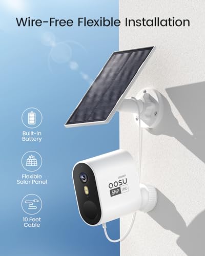 AOSU 5MP Solar Security Camera System Wireless Outdoor, No Subscription - 32GB Local Recording, UHD Resolution, Colour Night Vision, 2 Way Audio