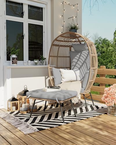 Oversize Wicker Egg Chair with 4 Comfy Cushions, Big Egg Shaped Lounger with Ottoman, Rattan Reading Chairs for Indoor Outdoor Patio Porch Backyard