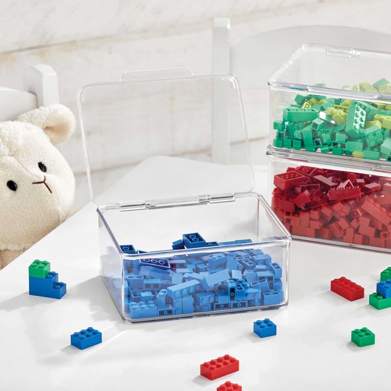 mDesign Plastic Stackable Compact Rectangular Storage Bin, Drawer or Cabinet Organizer with Lid, Container Box for Organizing Art Puzzles, Crayons