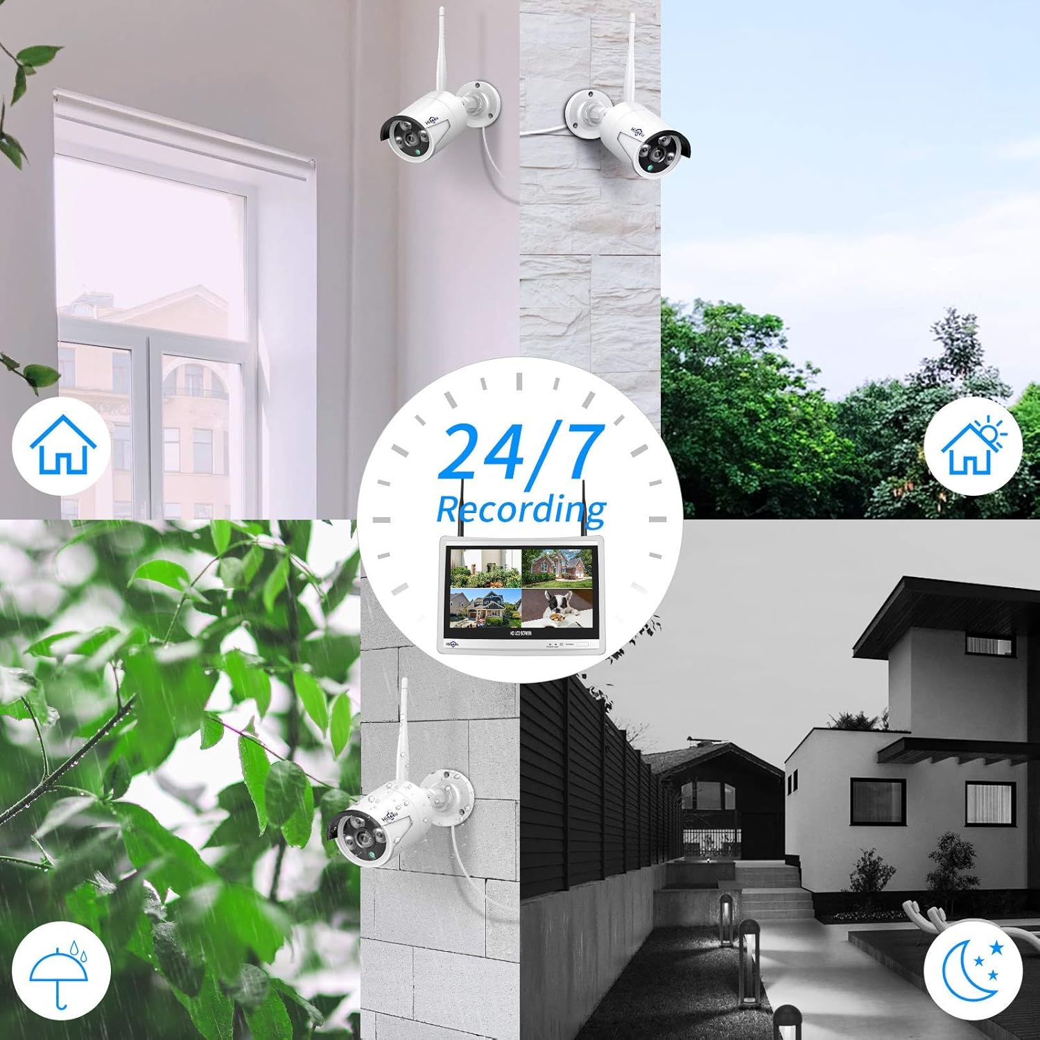 [8CH Expandable, 2K] Hiseeu All in one with 12 LCD Monitor 3TB Hard Drive, Wireless Security Camera System