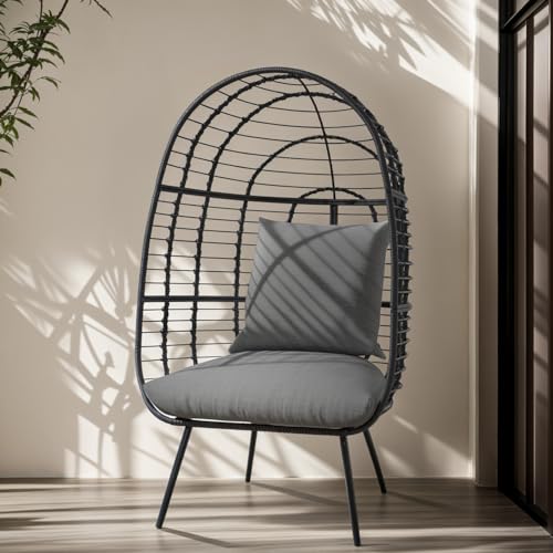 JOIVI Wicker Egg Chair, Oversized Indoor Outdoor Lounger Large Egg Basket Chair with Stand and Cushions for Patio Porch, Backyard, Living Room