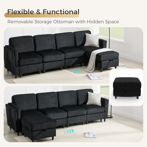 KKL Modular Sectional Sofa Bed with Storage Ottoman, Convertible L/U-Shaped Sleeper Couch for Living Room, Modern Reversible Design, Beige