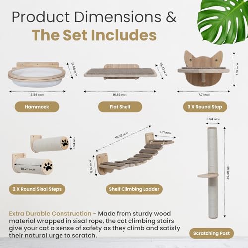 Cat Wall Shelves & Furniture Set (9 Pieces)-Durable Rubber Wood & Non-Slip Carpet, Includes Washable Hammock, Shelf, Climbing Scratcher, Ladder
