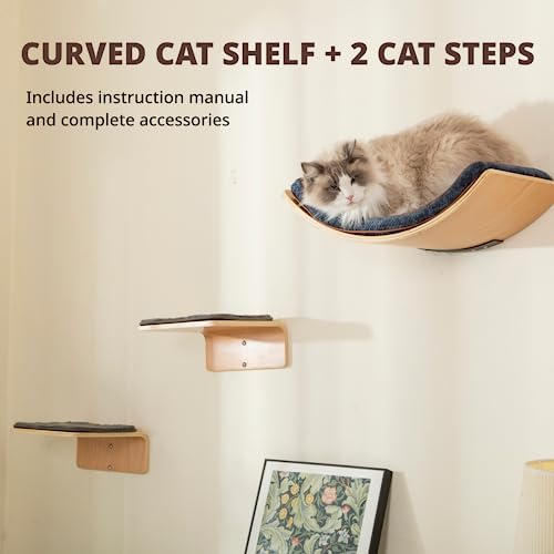Cat Wall Shelf with Two Steps - Wave Cat Shelves and Perches for Wall - Wall Mounted Cats Furniture for Sleeping, Playing, Climbing, and Lounging