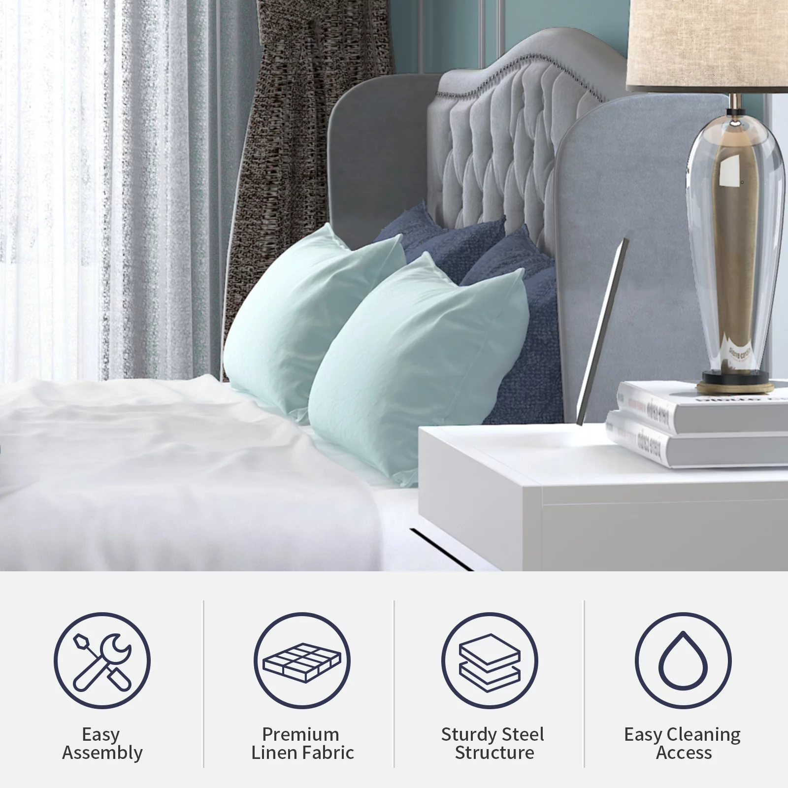 ZAFLY King Size Bed Frame with Headboard | Button Tufted Dutch Velvet Bedroom Furniture | High Upholstered Platform Bed Frame, King Size, Silver Grey