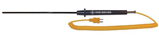 Digi-Sense Type-K Thermocouple Probe, Extra-Long PFA Coated, 10 inch L x 0.145 inch Dia, Grounded JUNCTION, 5 Feet Cable, Mini A