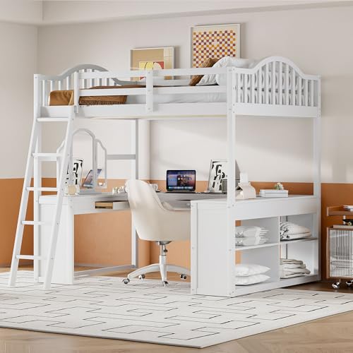 Harper & Bright Designs Full Size Loft Bed with Desk, Storage Shelves and Drawers, Solid Wood Loft Bed Frame with Built-in Wardrobe, Walnut