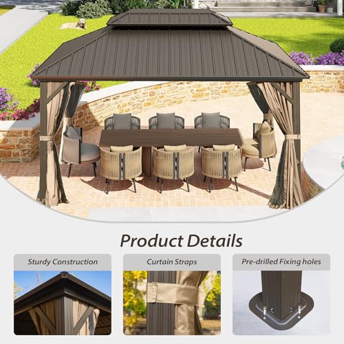 Domi 10’ x 10’ Hardtop Gazebo Metal Frame Canopy with Netting & Curtains