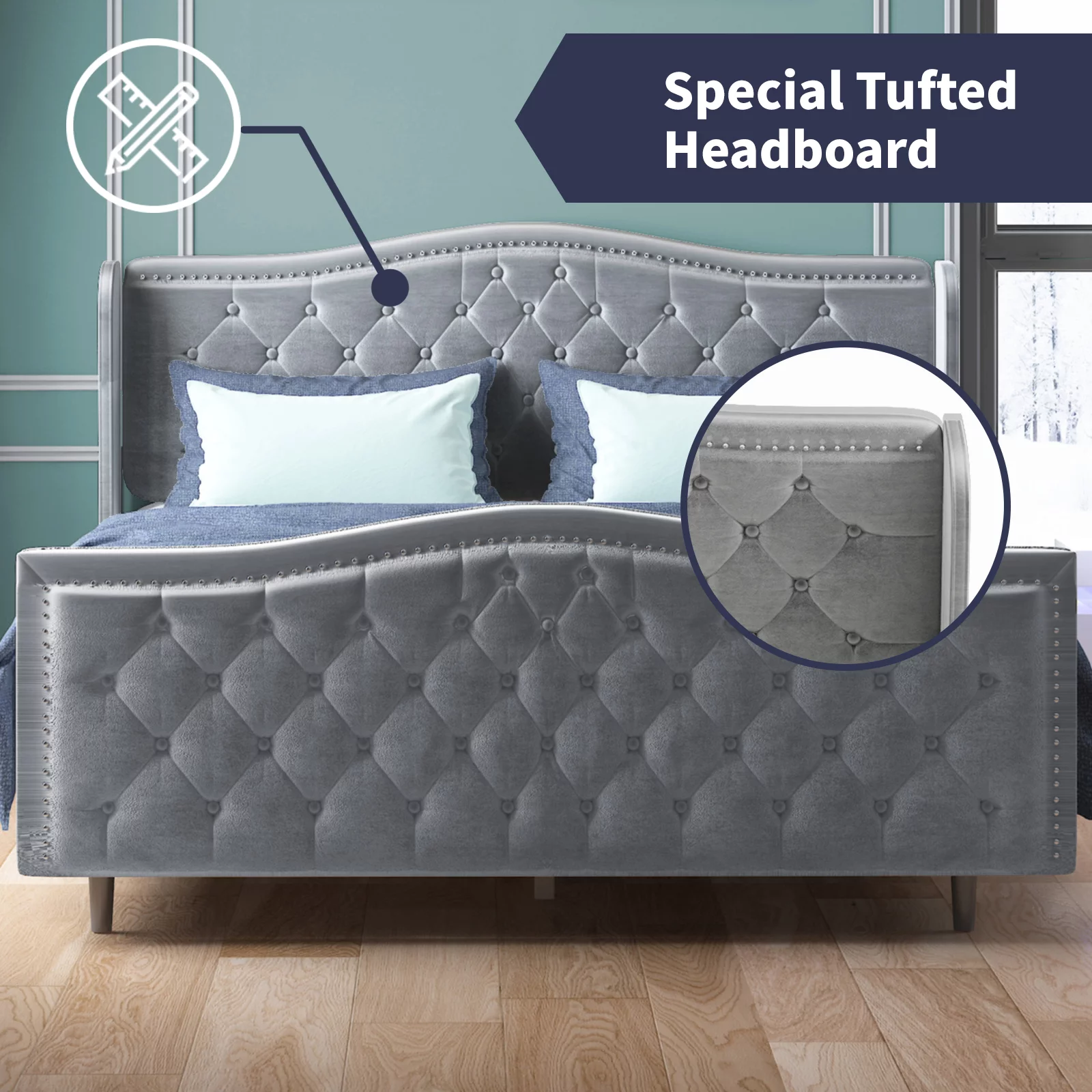 ZAFLY King Size Bed Frame with Headboard | Button Tufted Dutch Velvet Bedroom Furniture | High Upholstered Platform Bed Frame, King Size, Silver Grey