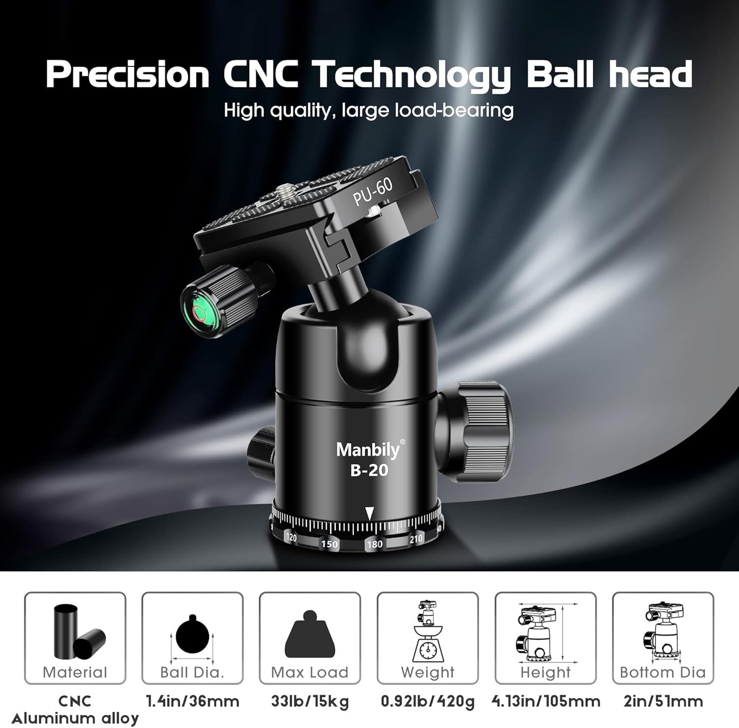 Manbily Professional Tripod Ball Head,Super Long Lens Does Not Easy Nod or Sag,Rotate 360 Degrees,Quick Release Plate and Level Gauge
