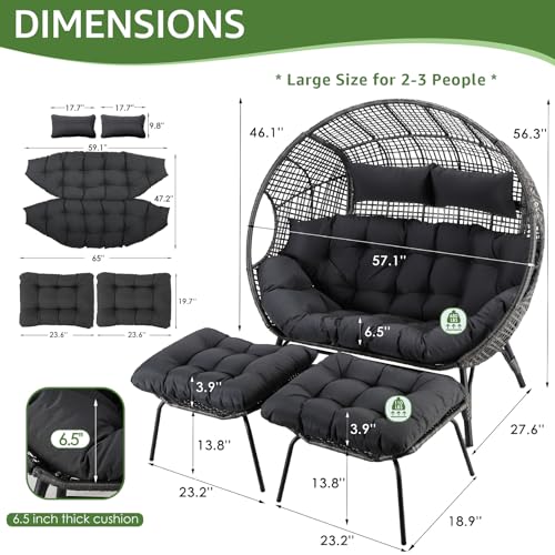 NICESOUL® Double Egg Chair Indoor Outdoor Stationary Oversized Thicken Padded Cushions, 2 Person Egg Loveseat Chair