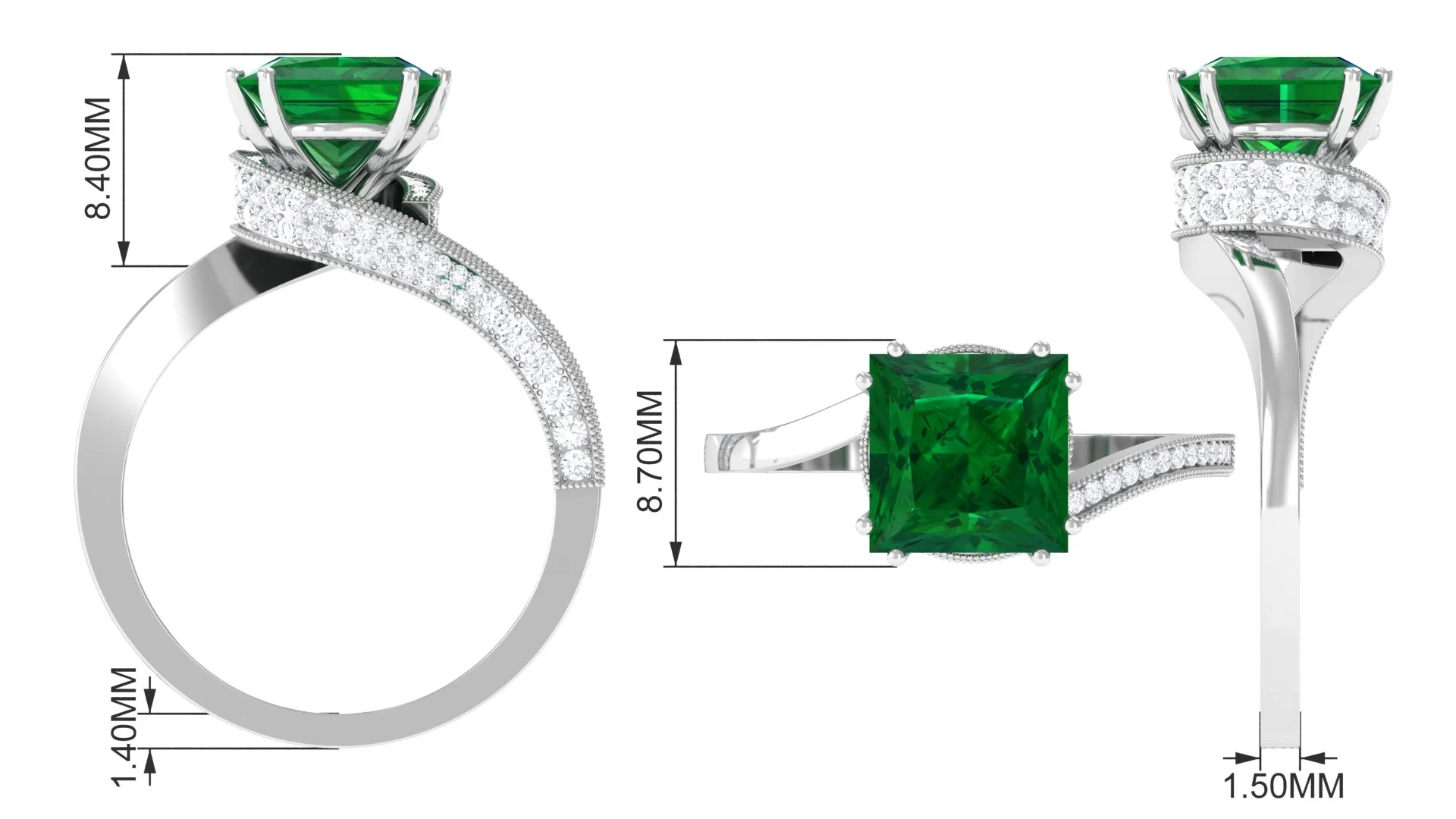 Lab Grown Emerald Solitaire Ring with Diamond, Princess Cut Ring - 8 mm, 925 Sterling Silver, US 10.00