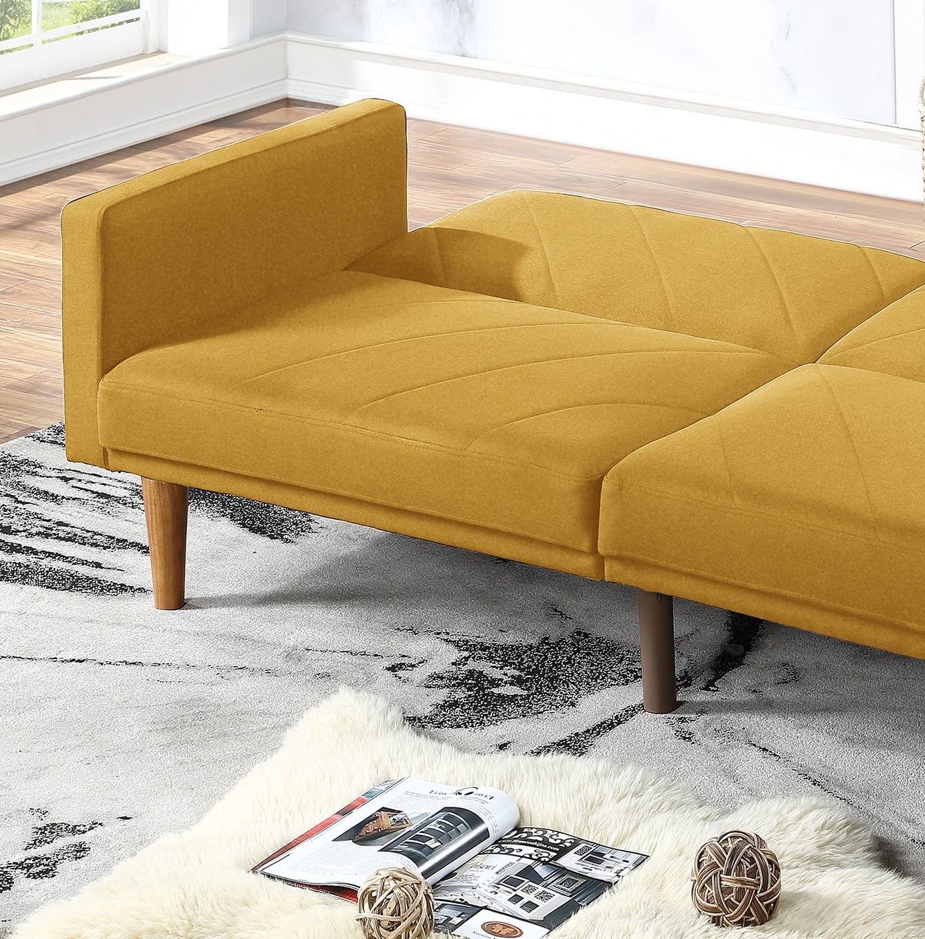 Modern Electric 1pc Convertible Sofa Couch Mustard Color Linen Like Fabric Cushion Clean Lines Wooden Legs Living Room