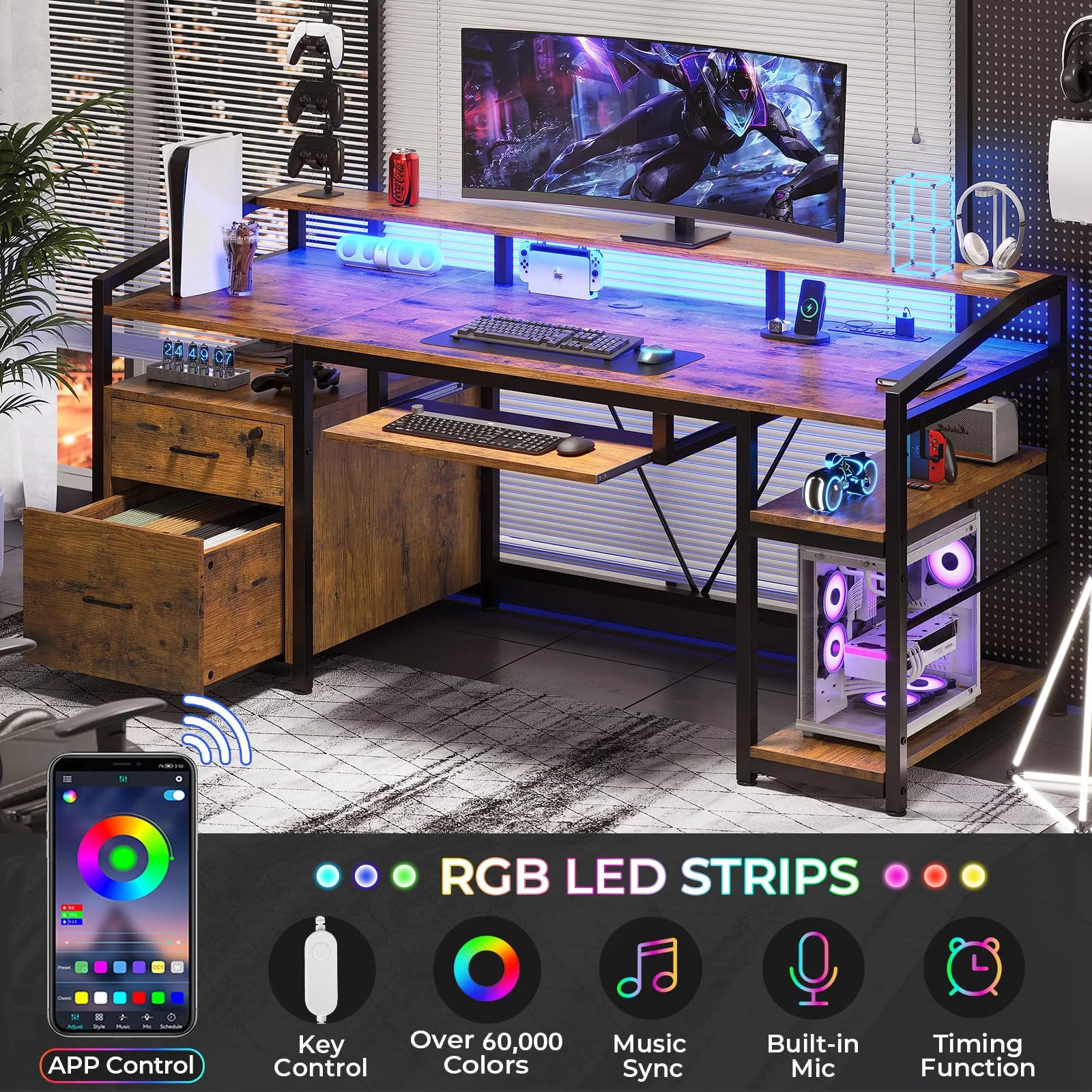 Computer Desk with LED Light and Power Outlet, 63 inches Gaming Desk with Lock Drawers for Legal/Letter File, Rustic Brown