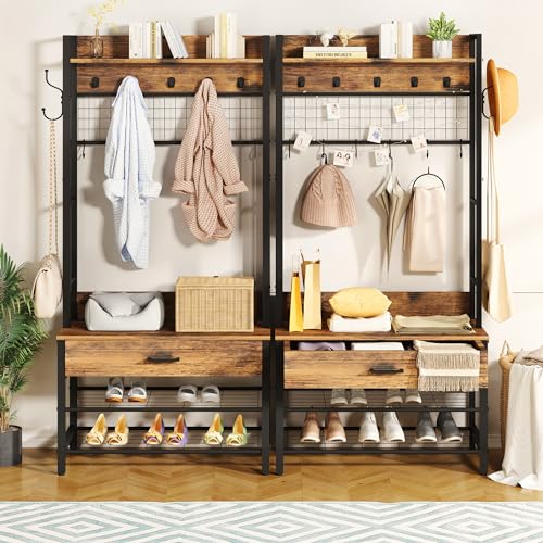 DKLGG Hall Tree with Bench and Shoe Storage for Entryway, 5-in-1 Coat Rack with Shoe Storage, Wood Look Accent Shoe and Coat Rack