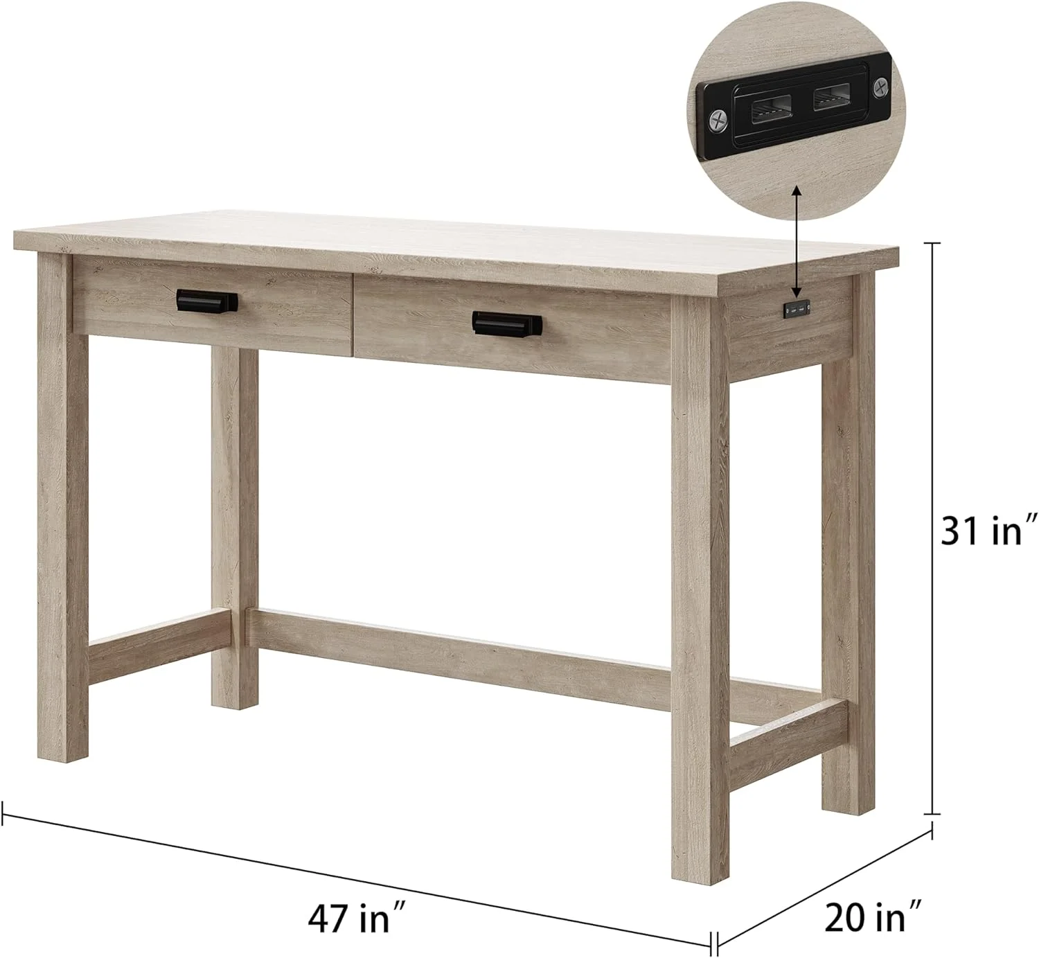 Wooden Writing Desk with Two  Drawers  Simple Writing Computer Desk with Charging Ports  47 Inch Study Desk for Small Spaces