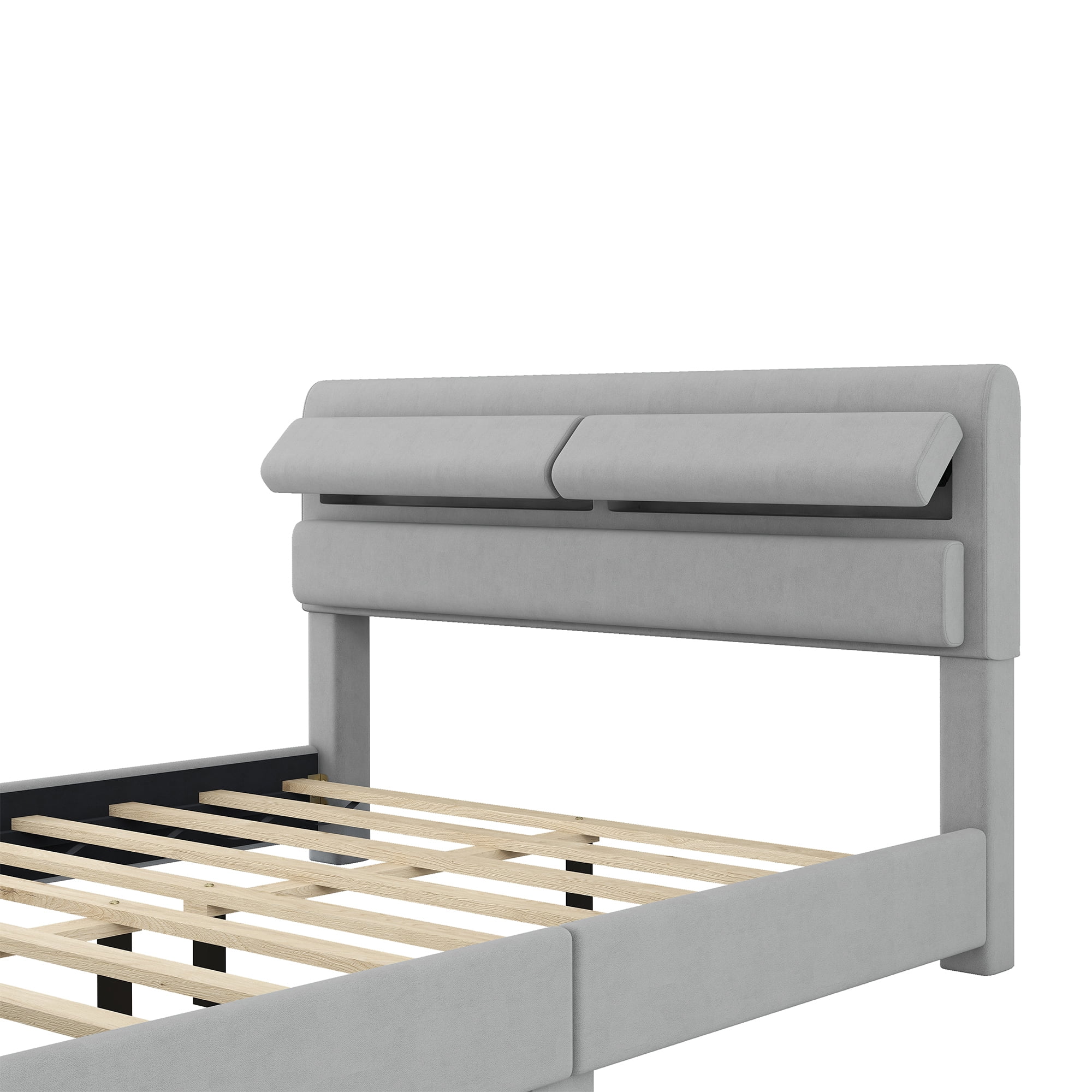 Dawn Whisper Queen Size Upholstery Platform Bed with Storage Headboard and Footboard, Support Legs, Grey
