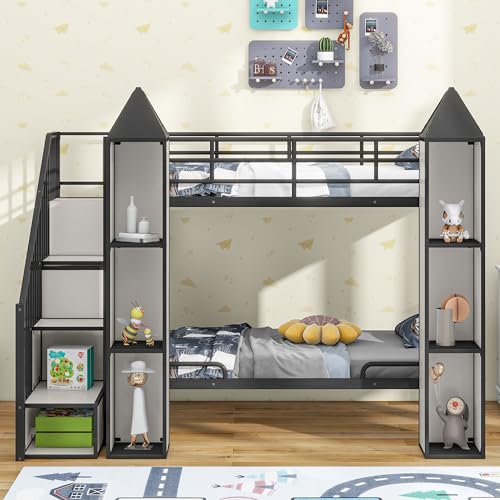 Full-Over-Full Castle Style Bunk Bed with 2 Drawers and 3 Shelves, Wood Bunk Bed Frame with Slide and Storage Staircase for Kids Teens Boys Girls