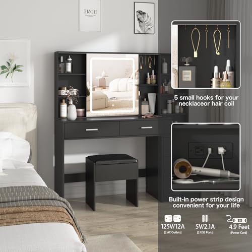 Fameill Vanity Desk with Mirror and Lights, Makeup Vanity with 5 Drawers, Makeup Desk with Charging Station and Ample Storage