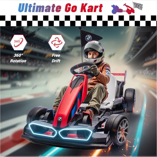 Electric Go Kart with Adjustable Seat, 24V Licensed BMW Drift Kart with Dual 200W Motors, Crazy Go Cart for Kids Ages 6-12, LED Lights