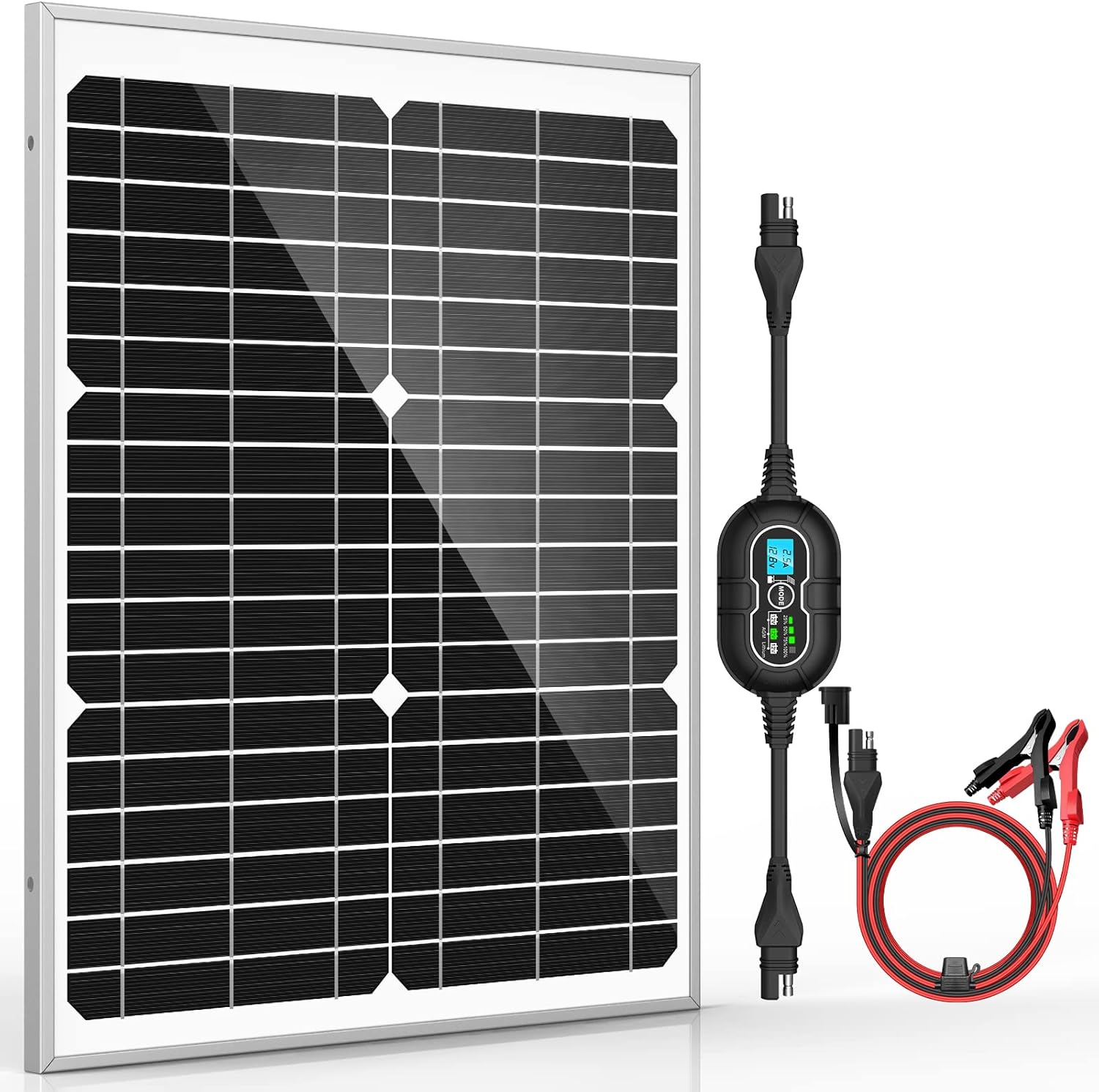 20W 12V Solar Panel Kit Battery Maintainer Trickle Charger Pro + Advanced 10A MPPT Charge Controller + SAE Battery Clip Cable for 12 Volt Boat Car RV