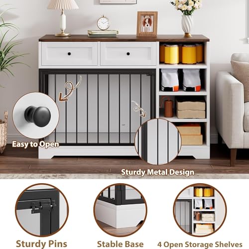IDEALHOUSE 47” Large Dog Crate, Dog Kennel Indoor with 2 Drawers and 4 Shelves, Dog Crate Furniture TV Stand, Wooden Dog Cage for Medium Large Dogs