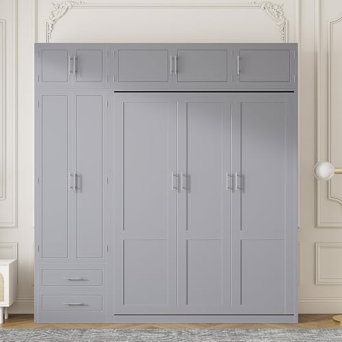 LZ LEISURE ZONE Full Size Murphy Bed, Wood Space Saving Foldable Wall Bed with Desk, Top Cabinet and Storage Shelves, White