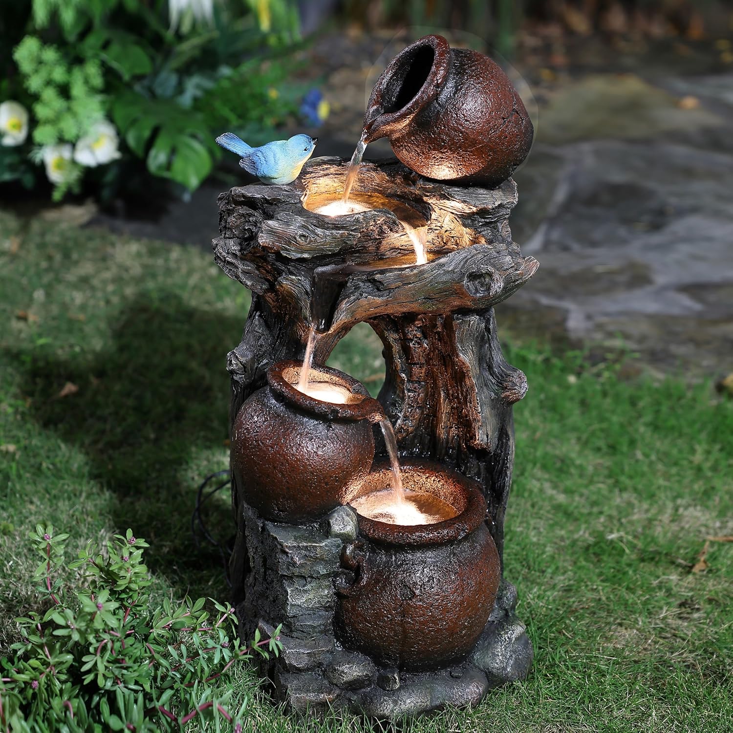 LuxenHome 25.6" Rustic Pots and Pitchers on Tree Resin Outdoor Fountain with LED Lights Fountains and Waterfalls Decor for Patio Yard Garden Water
