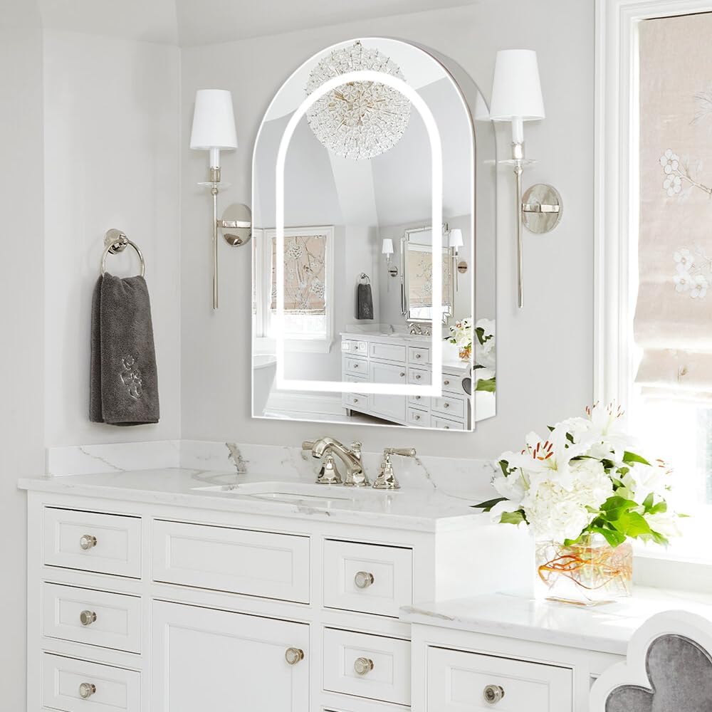 Chende Arched Medicine Cabinet Mirror, 20''x30'' Lighted Medicine Cabinet with LED Lights, Defogger and 3 Color Modes