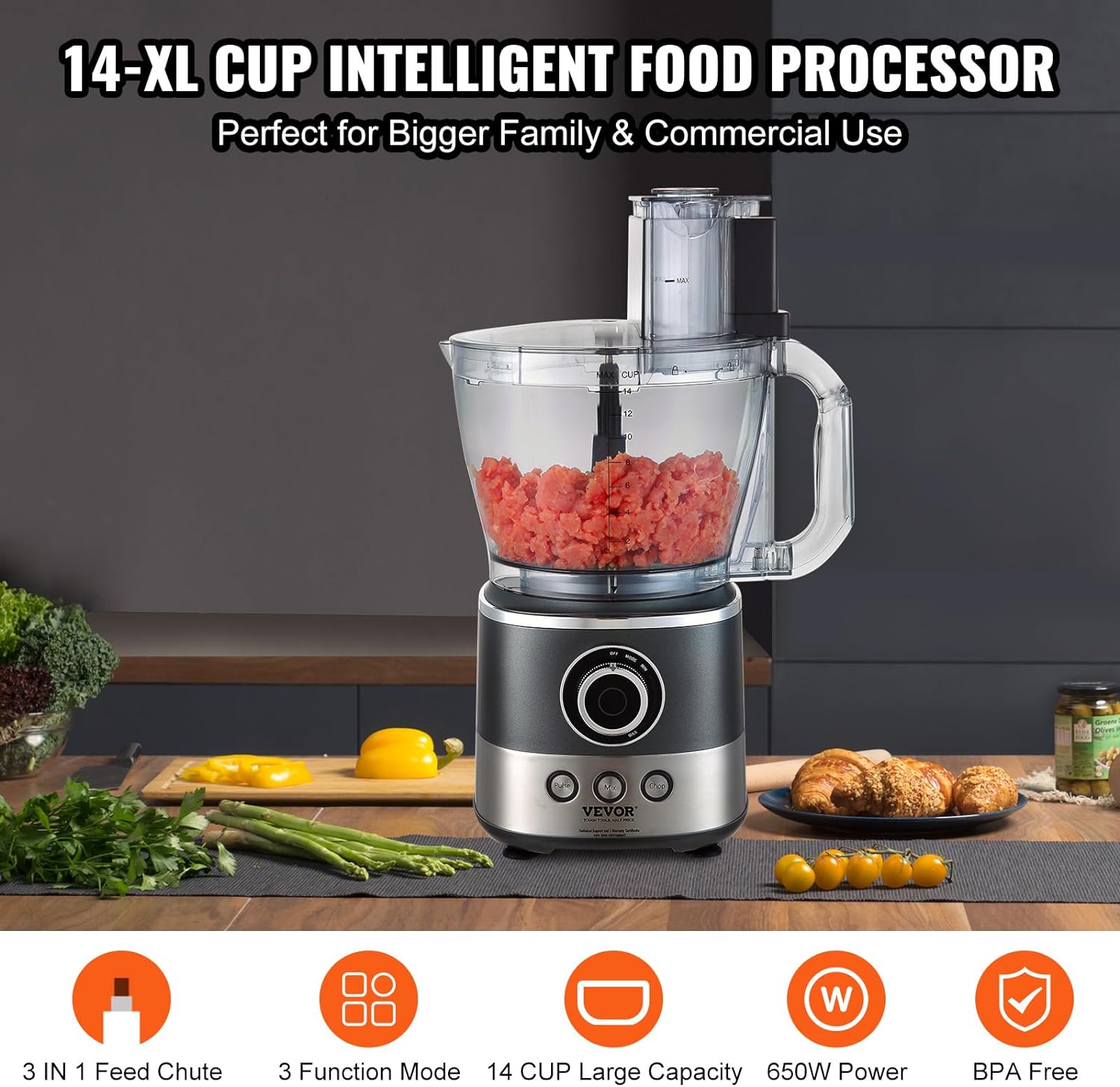 Vevor  650W 14-Cup Vegetable Chopper 2-Speed Stainless Steel Blade Electric Food Processor, Gray