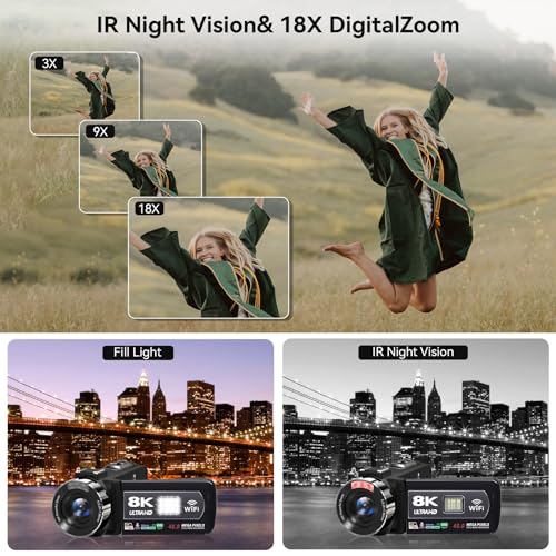 Video Camera, 8K Camcorder 48MP 15FPS UHD WiFi Vlogging Camera with IR Night Vision for YouTube, 3" Touch Screen 18X Digital Zoom, with Fill Light