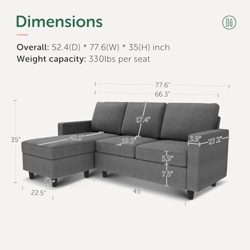 HONBAY Convertible Sectional Sofa, L Shaped Couch with Reversible Chaise for Small Space, Black