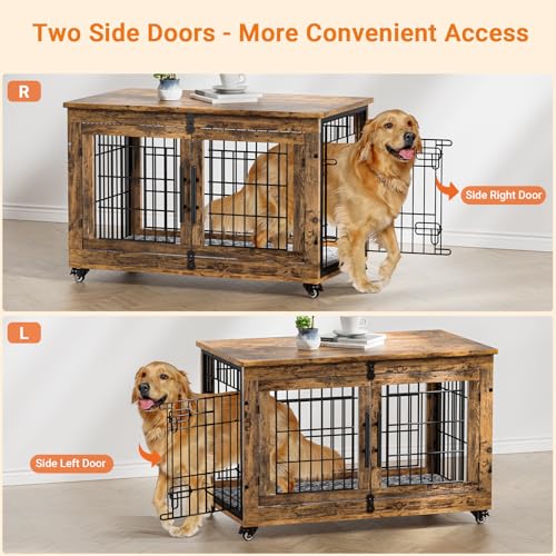 Lulive Dog Crate Furniture for Medium Dogs, 32'' Dog Kennel Indoor with Cushion & Wheels Wooden Dog Cage Double Doors Dog Crate End Table, Grey