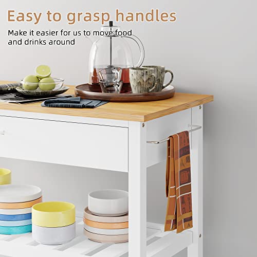 Shintenchi Rolling Kitchen Island Cart with Folding Drop Leaf Breakfast Bar, Portable Trolley Island with Large Storage Cabinet, Shelf and Drawer