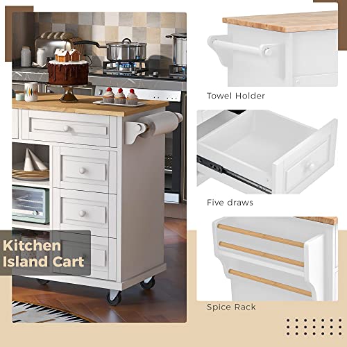 53.5''Farmhouse Kitchen Island with Power Outlet, Kitchen Storage Island with Drop Leaf, Spice Rack and Drawer, Rolling Kitchen Cart on Wheels