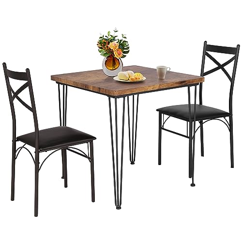 VECELO Kitchen Dining Room Table Set with 2 Chairs for Small Space, Apartment,Metal Steel Frame