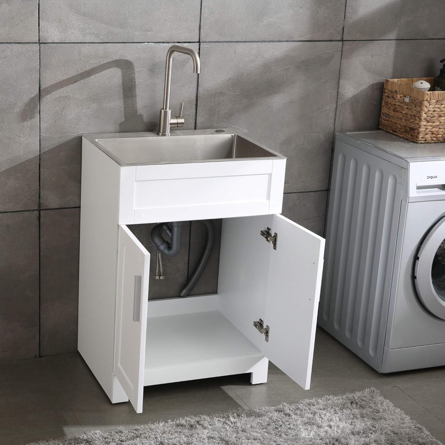 24 White Laundry Utility Cabinet w/ Stainless Steel Sink and Faucet Combo