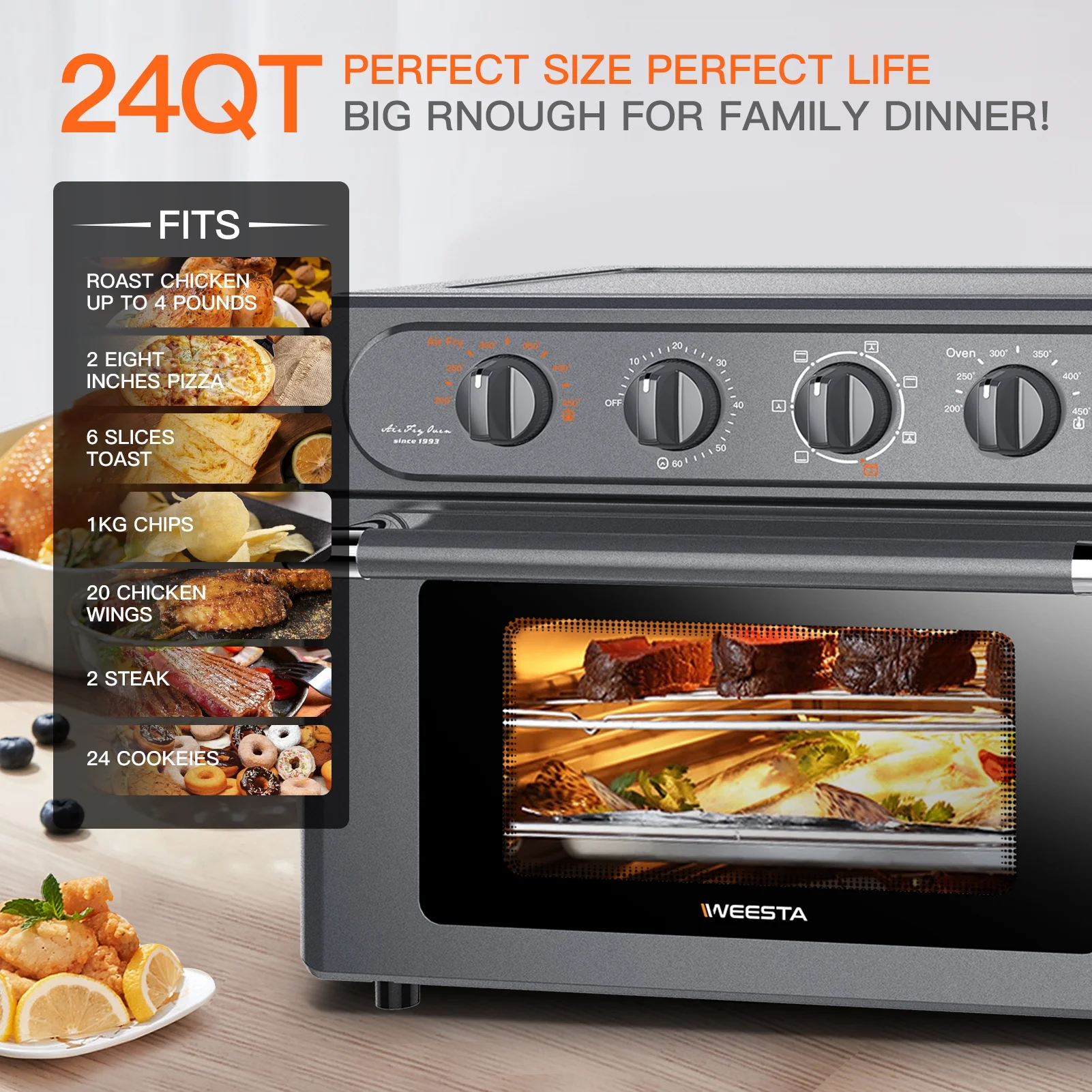 7-in-1 24 QT Air Fryer Toaster Oven ,Convection Oven with Air Fry, Roast, Toast