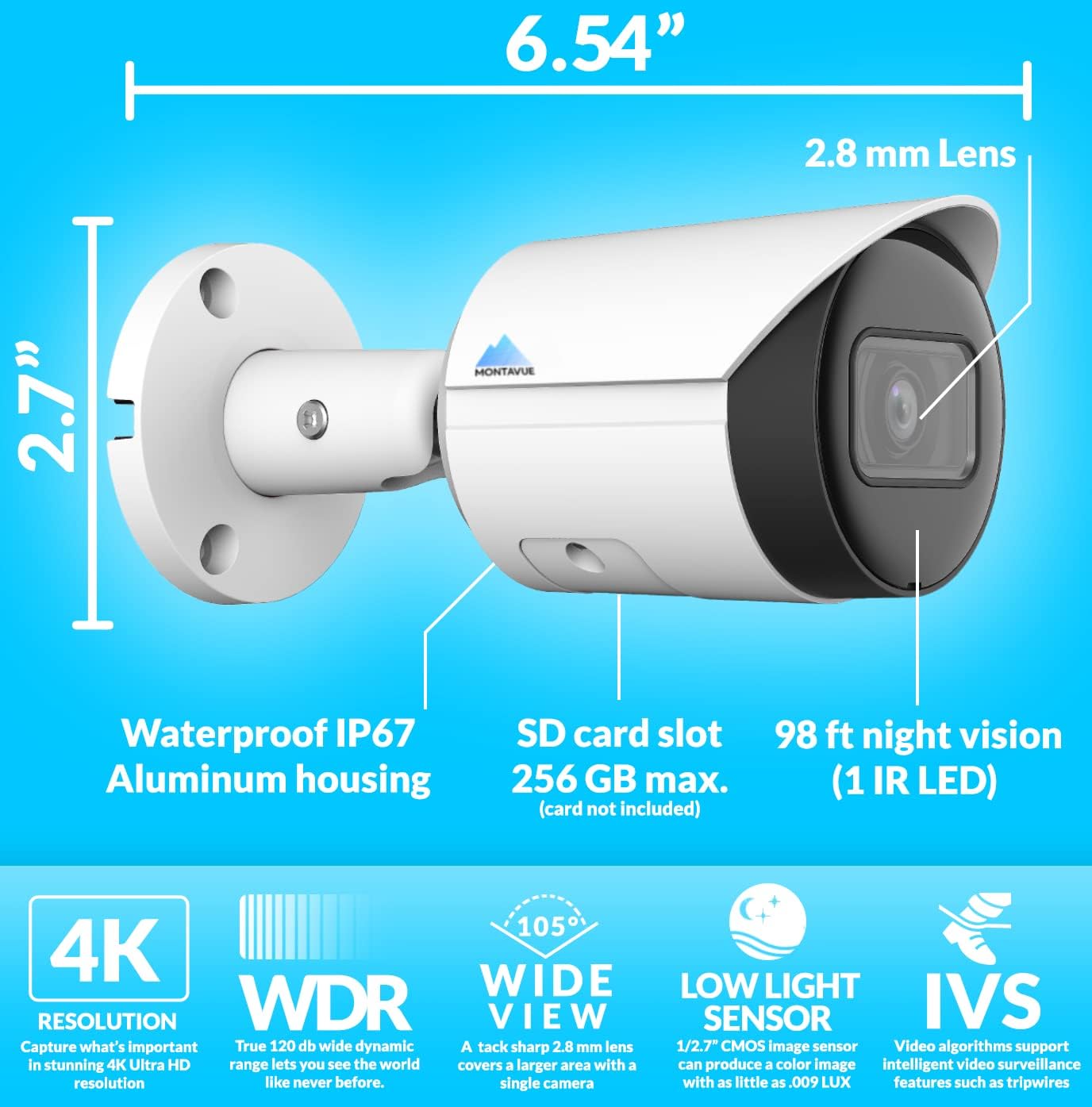 4K IP Security Camera System w/ 4K (8MP) 8ch POE NVR, 8 4K 8 Megapixel Bullet Cameras, Metal IP67 Weatherproof POE IP Cameras