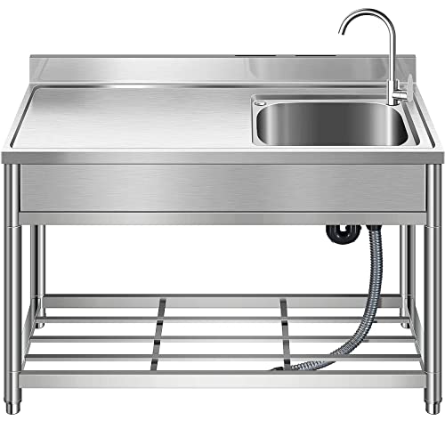 Free Standing Stainless-Steel Single Bowl Commercial Restaurant Kitchen Sink Set w/Faucet, Prep & Utility Washing Hand Basin w/Storage Shelve